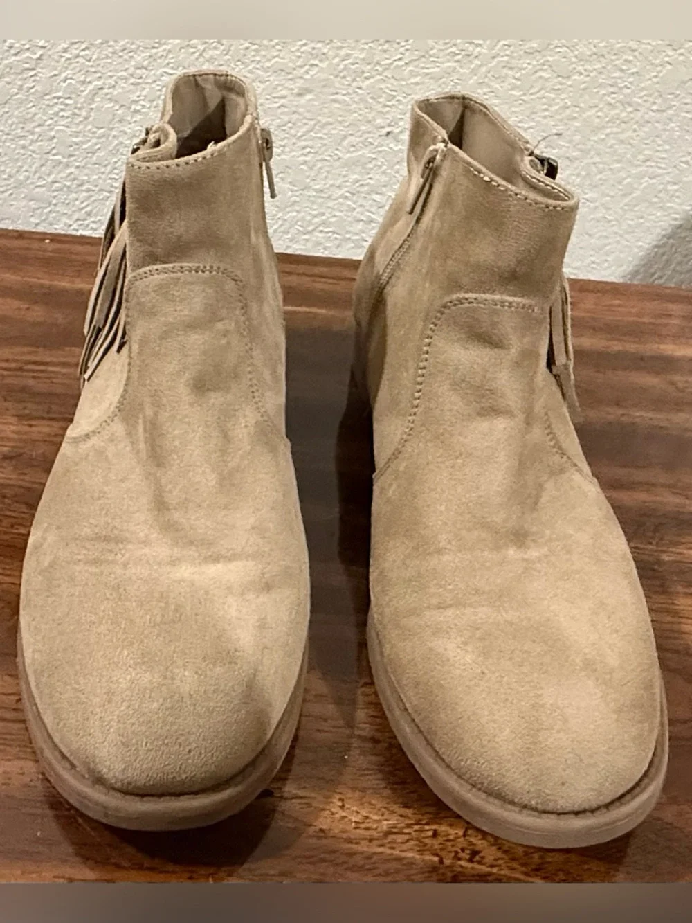 G by Guess Light Taupe Suede Fringe Ankle Booties
